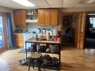 kitchen featuring extractor fan, light wood-type flooring, plenty of natural light, and white range with electric cooktop