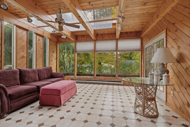 sunroom / solarium featuring a baseboard radiator, beamed ceiling, a skylight, and plenty of natural light