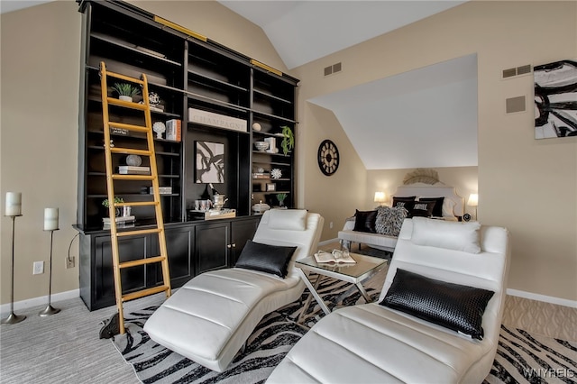 living area featuring light carpet and vaulted ceiling