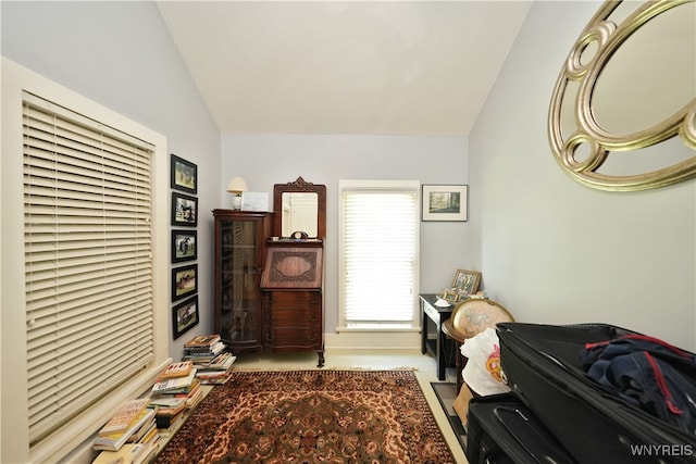 carpeted bedroom featuring lofted ceiling