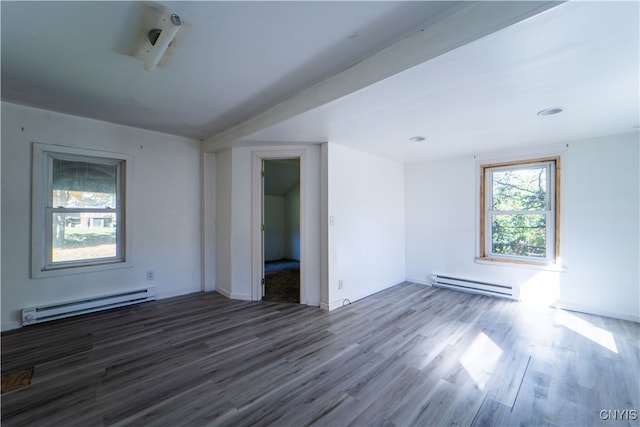 empty room with baseboard heating and dark wood-type flooring