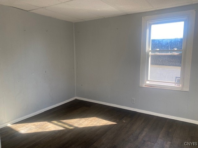 empty room with a paneled ceiling and dark wood-type flooring