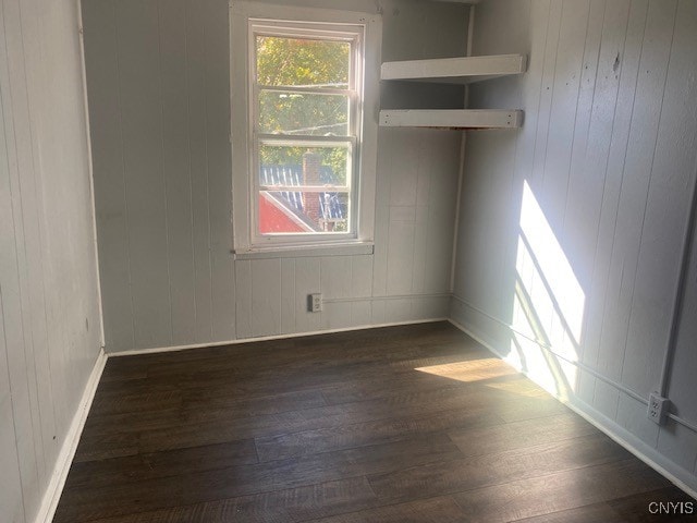 unfurnished room featuring wood walls and dark hardwood / wood-style flooring