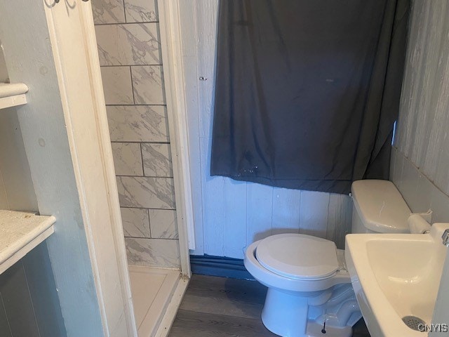 bathroom featuring toilet, hardwood / wood-style flooring, sink, and a shower with curtain