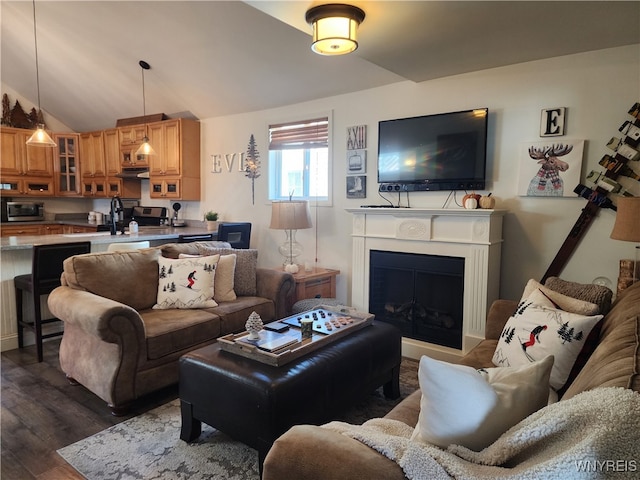 living room featuring dark hardwood / wood-style flooring, sink, and vaulted ceiling