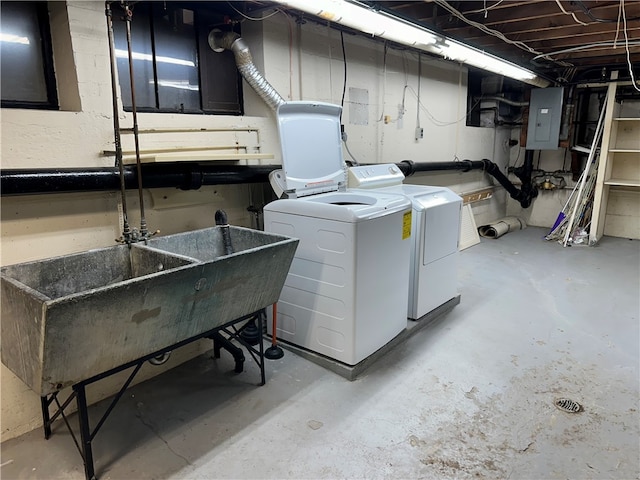 washroom featuring electric panel and washing machine and clothes dryer