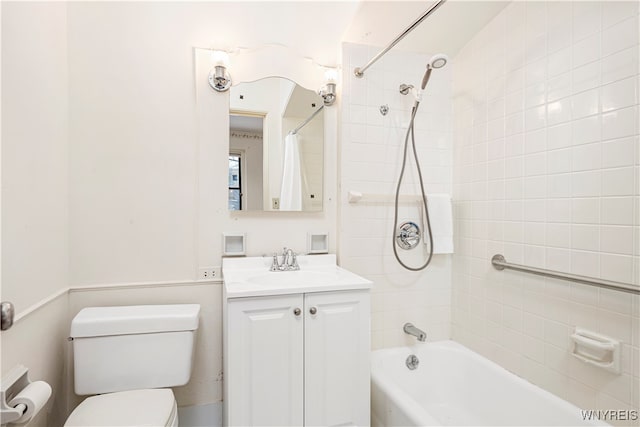 full bathroom with vanity, toilet, and shower / bathtub combination with curtain