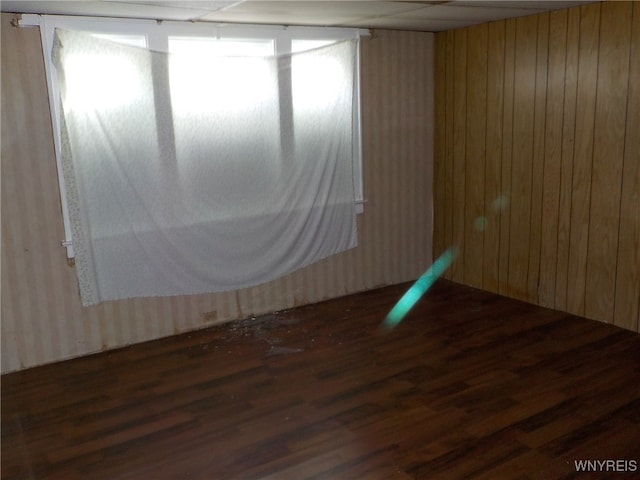 empty room featuring dark wood-type flooring and wood walls