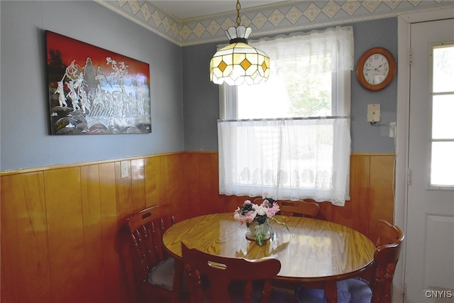 dining space featuring wooden walls and a healthy amount of sunlight