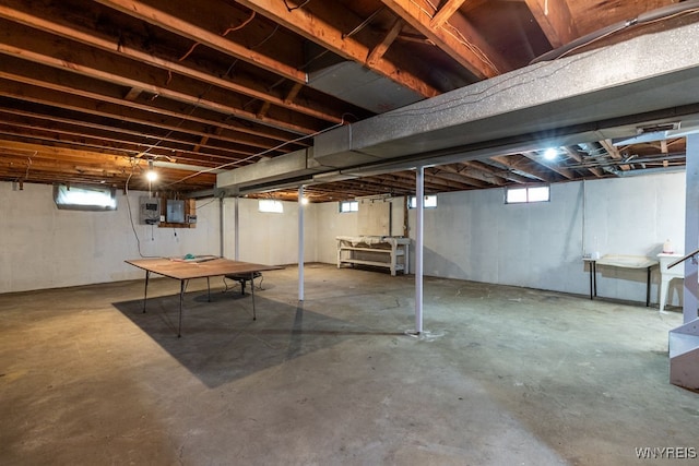 basement featuring electric panel and a healthy amount of sunlight