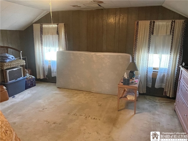 bonus room featuring wooden walls, carpet flooring, and vaulted ceiling