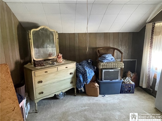 bedroom with wooden walls and carpet floors