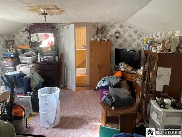 misc room featuring a textured ceiling, carpet, and vaulted ceiling