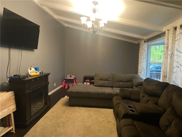 carpeted living room with an inviting chandelier and vaulted ceiling with beams