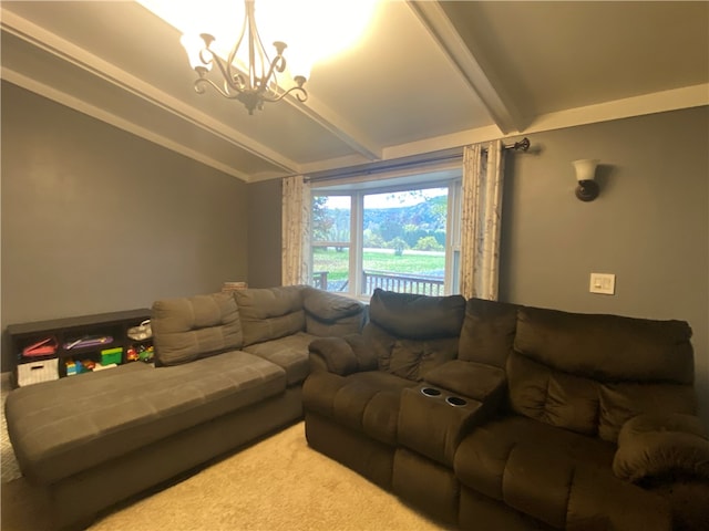 carpeted living room with a chandelier and vaulted ceiling with beams