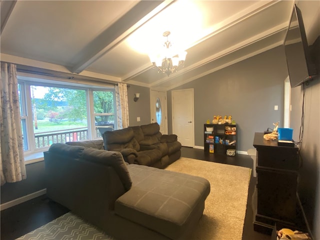 living room with a notable chandelier and vaulted ceiling with beams