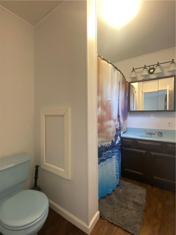 bathroom featuring vanity, wood-type flooring, and toilet