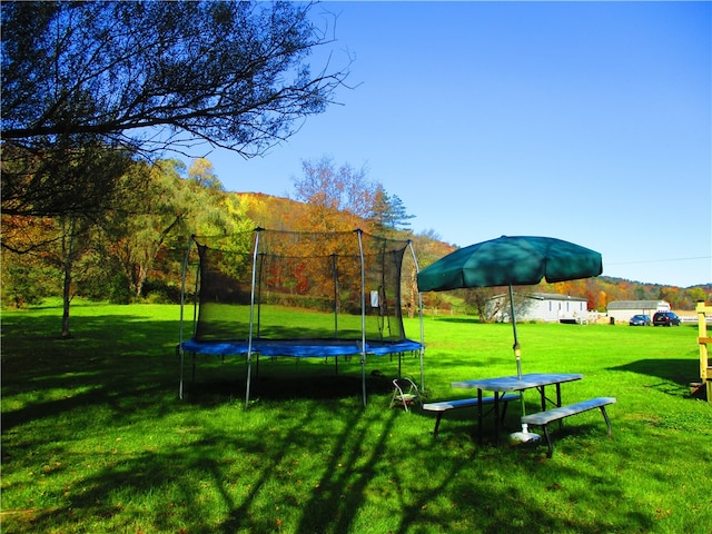 view of property's community with a trampoline and a lawn