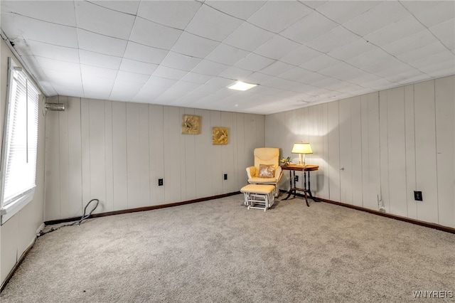 unfurnished room with wood walls and carpet