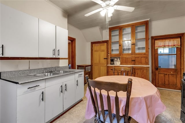 kitchen with ornamental molding, sink, white cabinetry, and ceiling fan