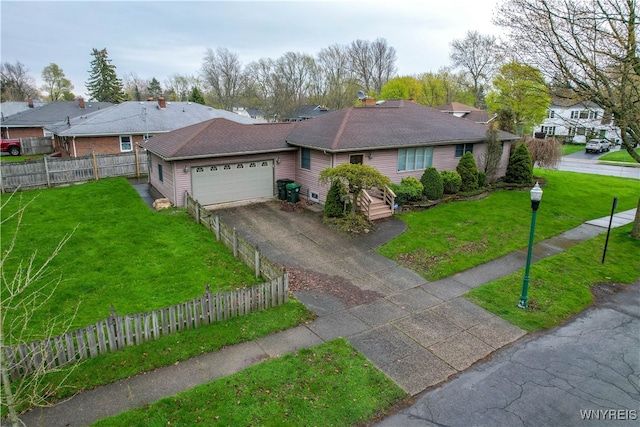 single story home featuring a front yard and a garage