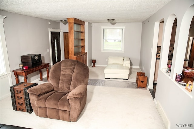 living room with light carpet and a textured ceiling