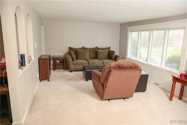 living room with light carpet and a textured ceiling