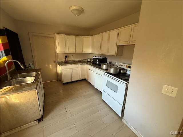 kitchen with sink, light wood-type flooring, and white electric stove