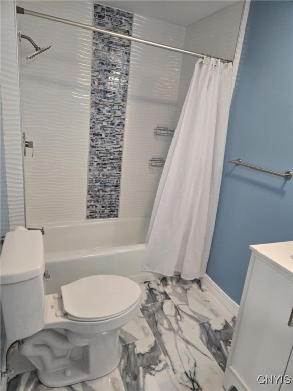 full bathroom with toilet, vanity, and shower / bathtub combination with curtain