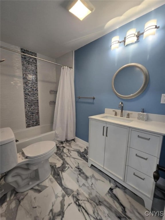 full bathroom with toilet, shower / tub combo with curtain, and vanity