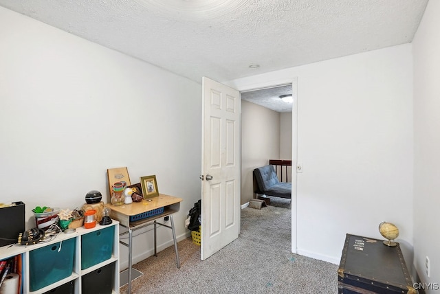 interior space featuring carpet and a textured ceiling