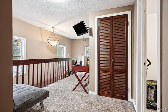 hallway featuring carpet floors and a textured ceiling