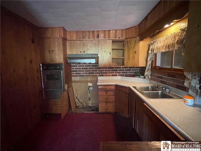 kitchen with oven, sink, and wooden walls