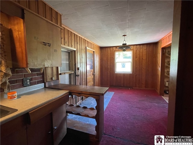 carpeted dining space featuring wood walls