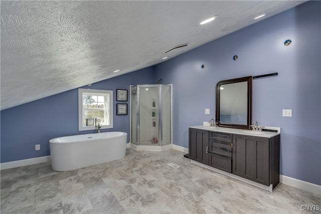 bathroom featuring vanity, separate shower and tub, a textured ceiling, and lofted ceiling