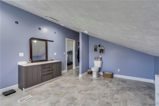 bathroom with vanity, lofted ceiling, a textured ceiling, and toilet