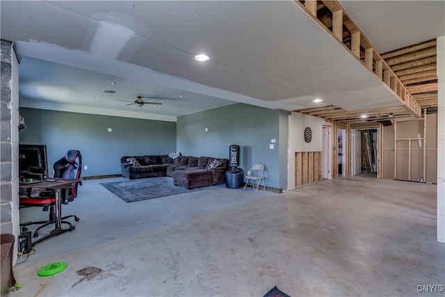 basement featuring ceiling fan