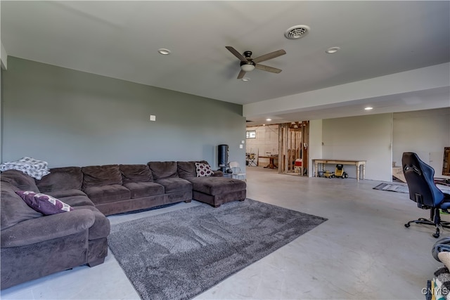 living room with ceiling fan