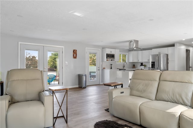 living room with french doors, a textured ceiling, light hardwood / wood-style flooring, and plenty of natural light