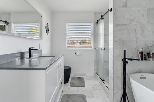 full bathroom featuring vanity, plus walk in shower, toilet, and a wealth of natural light