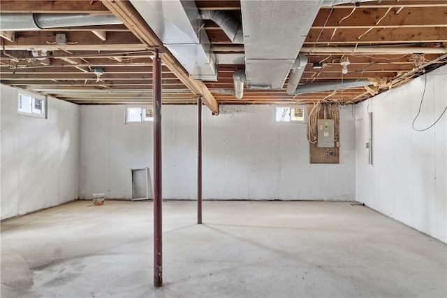 basement with a healthy amount of sunlight and electric panel