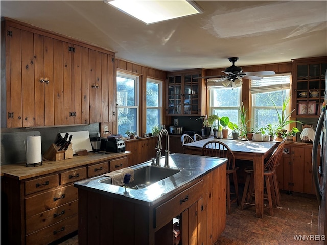 kitchen with a wealth of natural light, sink, ceiling fan, and a center island with sink