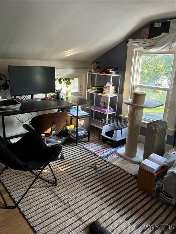 office space featuring hardwood / wood-style flooring and lofted ceiling