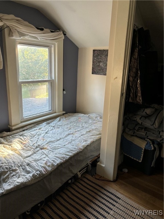 bedroom with lofted ceiling, hardwood / wood-style floors, and a closet