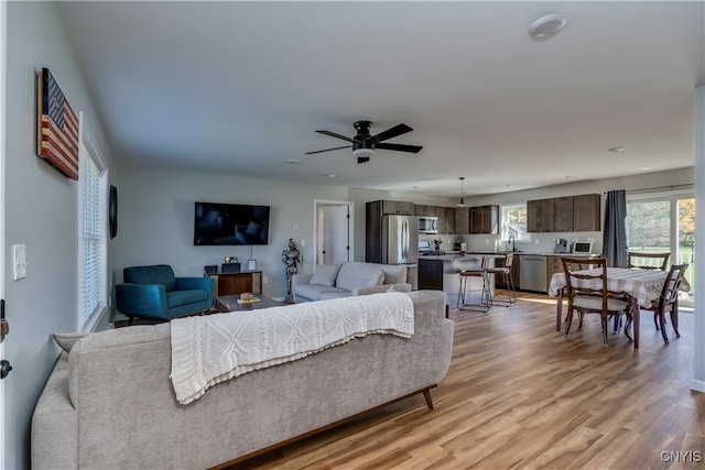 living room with sink, light hardwood / wood-style flooring, and ceiling fan