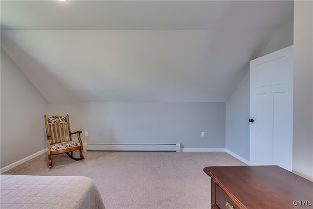 bedroom with lofted ceiling, light colored carpet, and a baseboard radiator