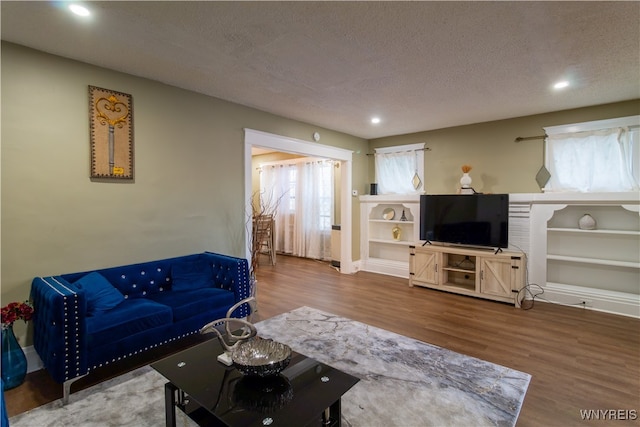 living room featuring a healthy amount of sunlight, wood-type flooring, and a textured ceiling