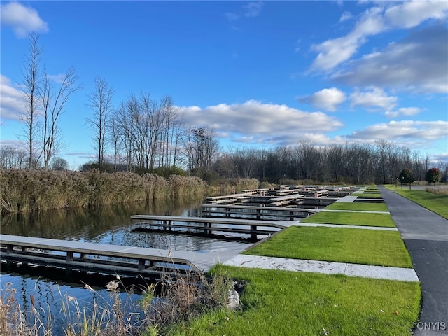 dock area featuring a yard and a water view