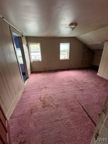 bonus room with plenty of natural light, lofted ceiling, and light carpet