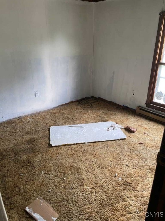 carpeted empty room featuring wood walls and a baseboard heating unit